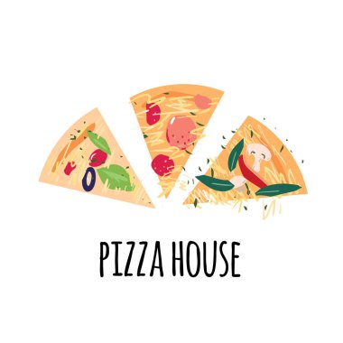 Pizza ev kelimeleri ile beyaz arka plan üzerinde domates, biber, zeytin, peynir, mantar, fesleğen, salam ile Pizza dilimleri.