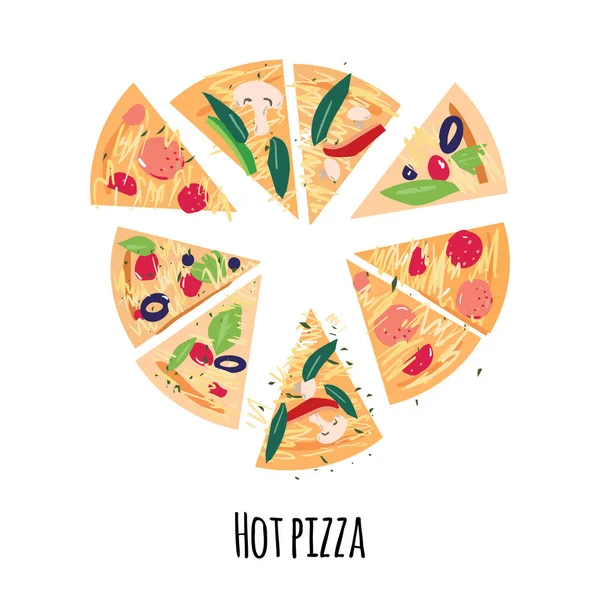 Pizzascheiben mit Tomaten, Paprika, Oliven, Käse, Pilzen, Basilikum, Salami auf weißem Hintergrund mit heißen Pizzawörtern. — Stockvektor