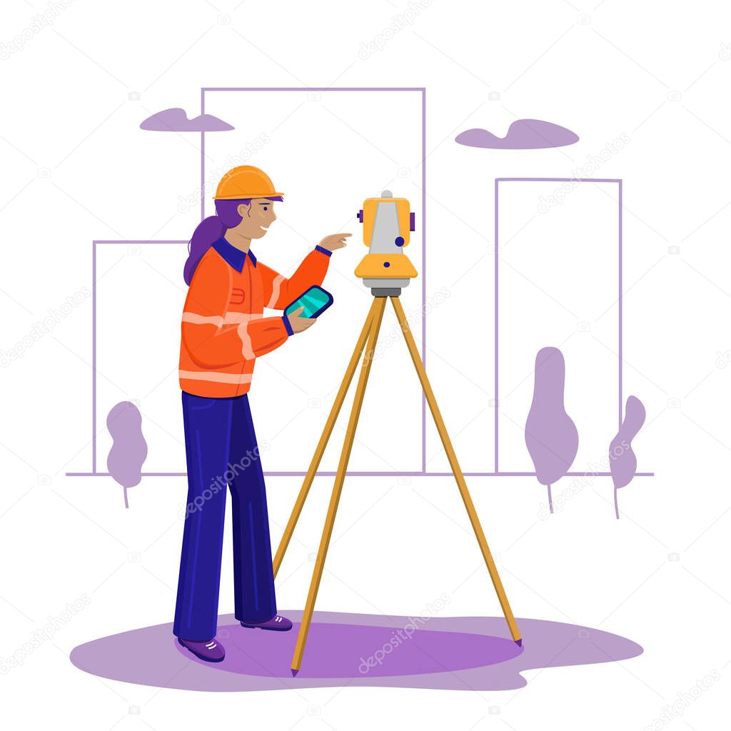 Surveyor woman working with theodolite outdoor on the background trees and city. Engineer girl with surveyor equipment. Smiling worker cartoon flat character. Vector illustration isolated on white.