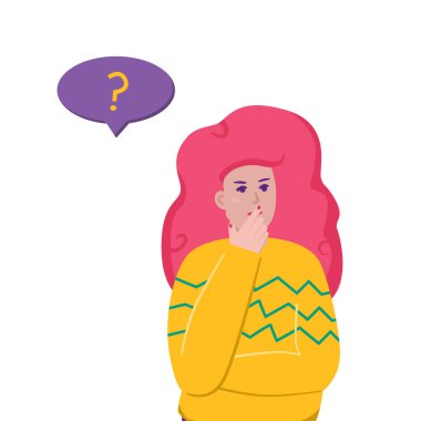 Güzel genç bayanın bir sorusu var. Kız sorunu düşünüyor. Beyaz arka planda soru işareti olan konuşma balonu olan bir kadın karakter. Vektör illüstrasyonu.