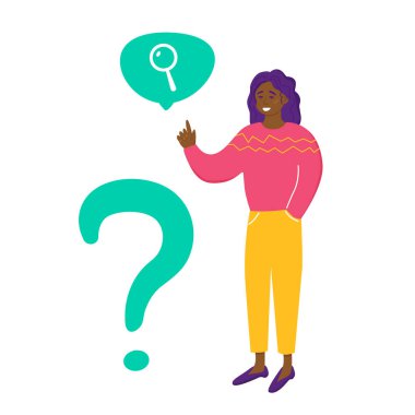 Güzel siyah bir kadın işaret parmağıyla bir konuşma balonunu işaret ediyor. Sorular için destek. Beyaz arka planda soru işareti olan kadın karakter. Vektör illüstrasyonu.