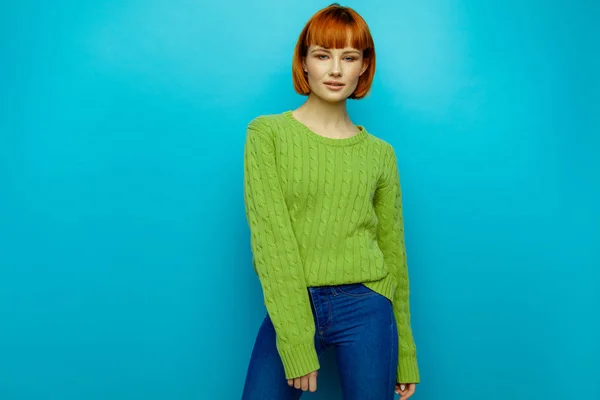 Attractive Young Fashion Woman Wear Green Sweater Isolated Blue Background — Stock Photo, Image