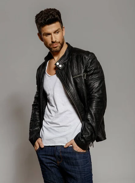 Handsome Man Leather Jacket Grey Background — Stock Photo, Image