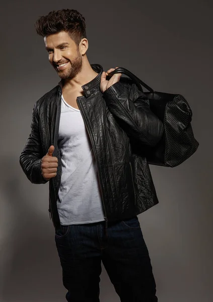 Handsome Smiling Man Wearing Black Leather Jacket Bag — Stock Photo, Image