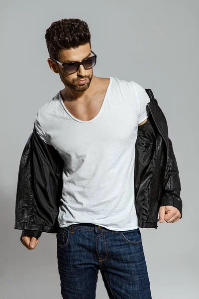 Handsome Man Put Leather Jacket Wear Sunglasses — Stock Photo, Image