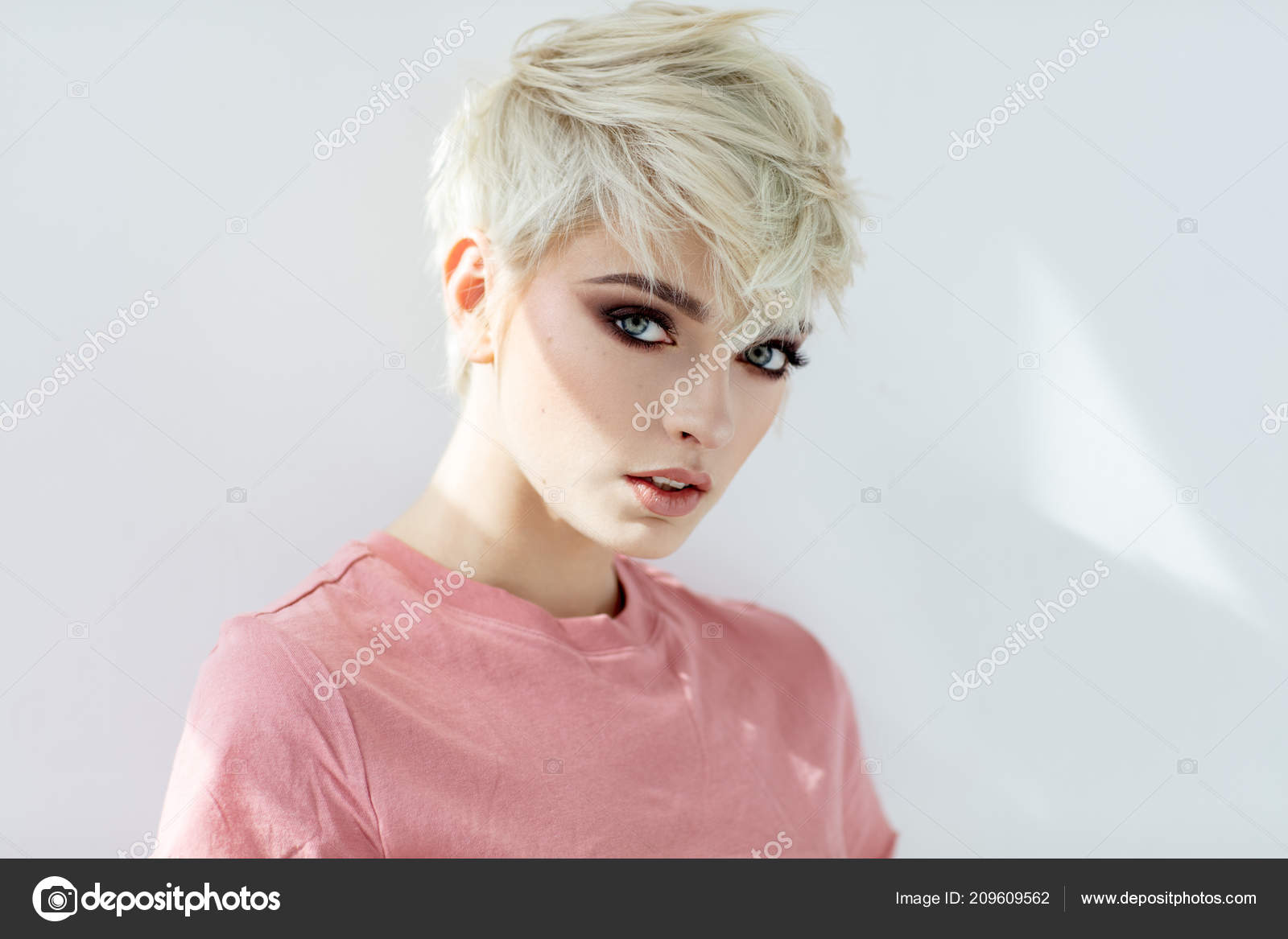 Beauty Portrait Fashion Blond Model Messy Short Hair Stock Photo