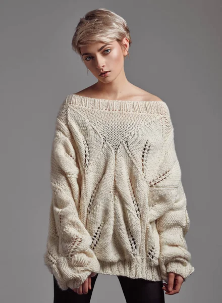 Fashion Photo Young Woman Blond Short Hair Wear Wool Sweater — Stock Photo, Image