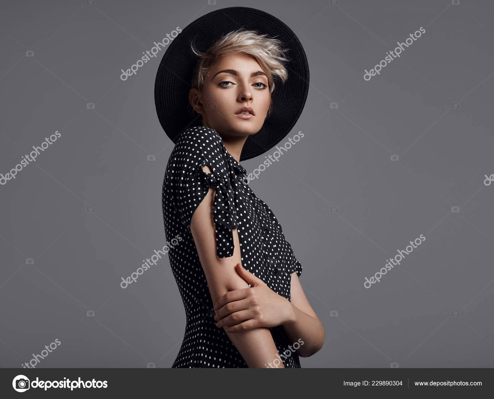 Fashion Portrait Female Model Blond Short Hair Wear Black Hat