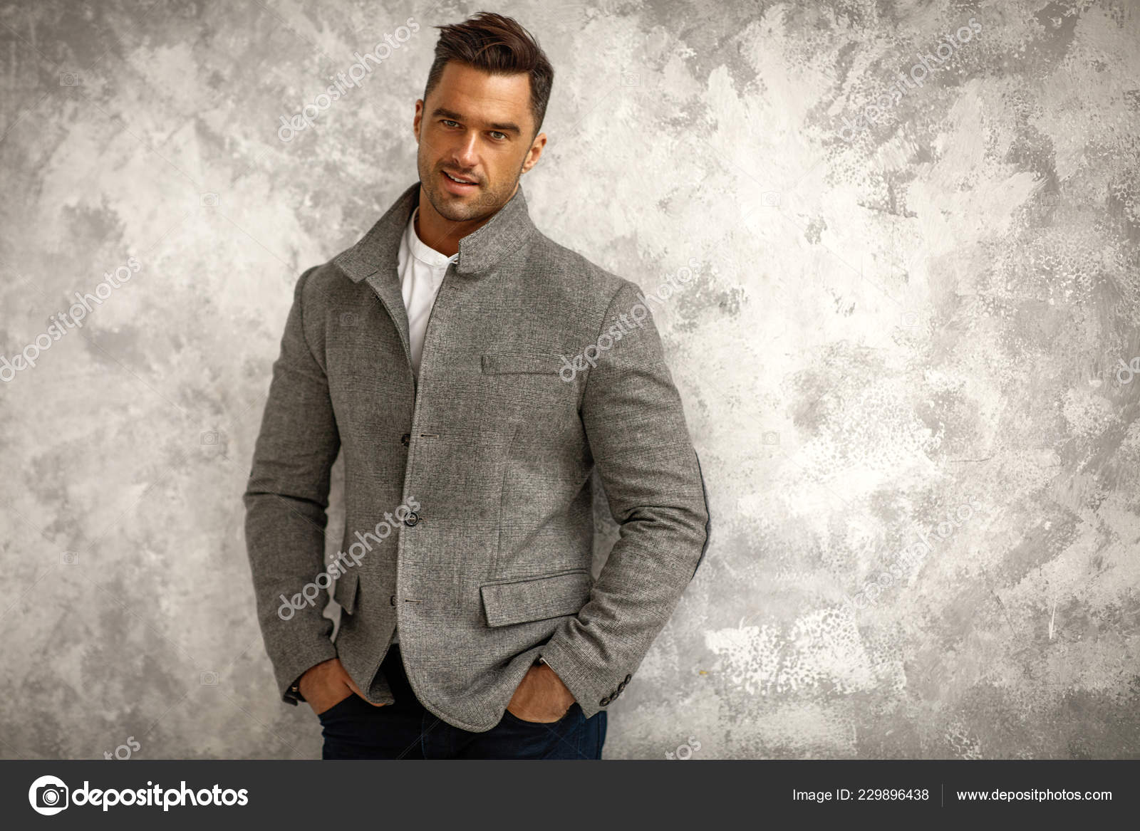 Portrait Handsome Smiling Man Gray Stylish Jacket Copy Space Your ...