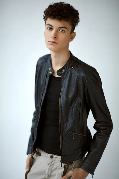 Portrait Young Handsome Boy Leather Jacket — Stock Photo, Image