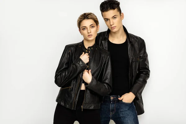 Sexy Couple Black Leather Jacket Isolated White Background — Stock Photo, Image