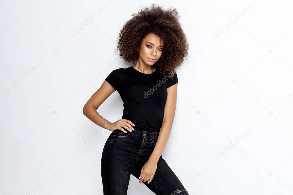 Fashion african american woman in balck isolated on white background