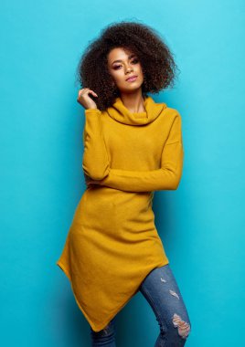 Afrika kökenli Amerikalı kadınla güzel hırka giymiş ve kameraya bakarak afro