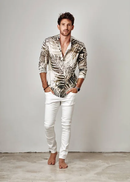 Handsome Man Summer Outfit Posing Studio — Stock Photo, Image