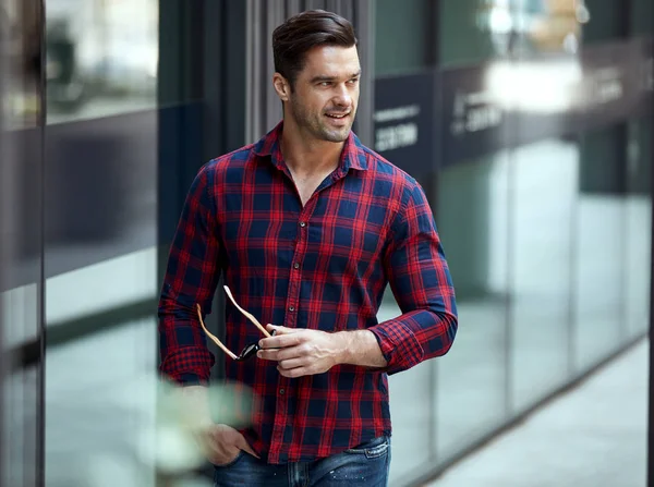 Young Handsome Man Plaid Shirt Jeans Posing Urban Background — Stock Photo, Image