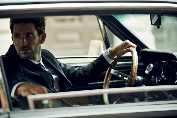 Handsome Man Black Suit Sitting Old Car — Stock Photo, Image