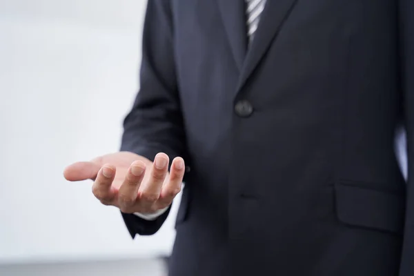 Japanese Male Businessman Explaining Hand Gestures Presentation Text Synthesis — Stock Photo, Image