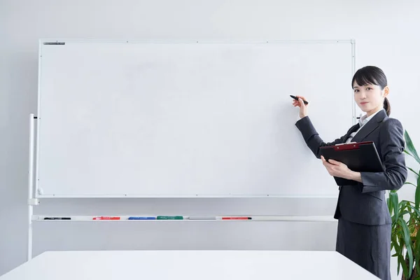 Japanese Woman Writing Whiteboard — Stock Photo, Image