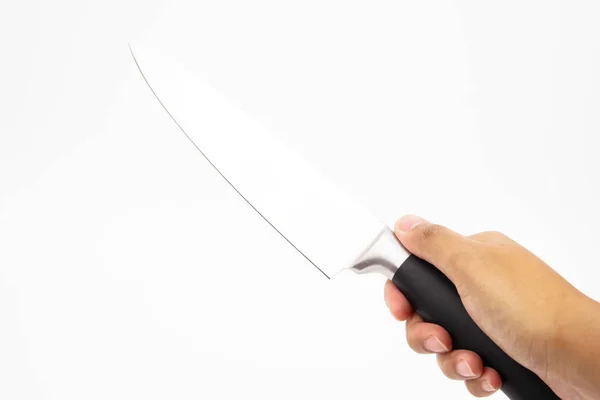 Bir el beyaz arka plan ile bir mutfak bıçağı tutar — Stok fotoğraf