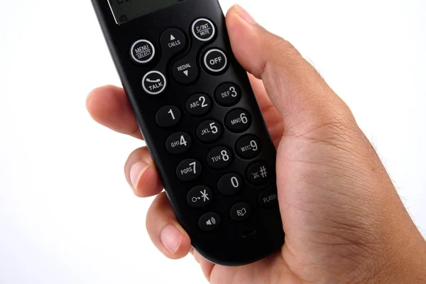 Handen håller hem eller kontor telefon med linje på vit bakgrund — Stockfoto