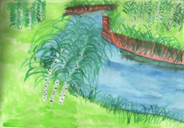 Yaz manzara, suluboya, doğa,