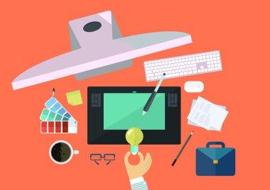 Kavram fikir, bilgisayar ve yaratıcı grafik tasarımcı, düz çizgi vektör ve illüstrasyon iş için aletleri.