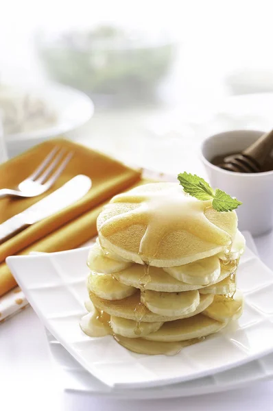 Homemade Dessert Stack Pancakes Banana Topped Syrup White Dishes Morning — Stock Photo, Image