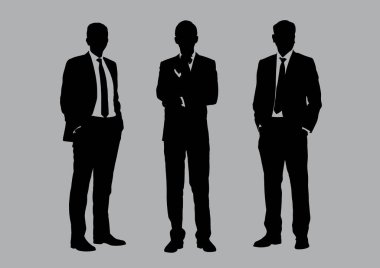 İş adamları grup siluetleri gri arkaplan, düz çizgi vektörü ve illüstrasyon üzerinde poz verir.