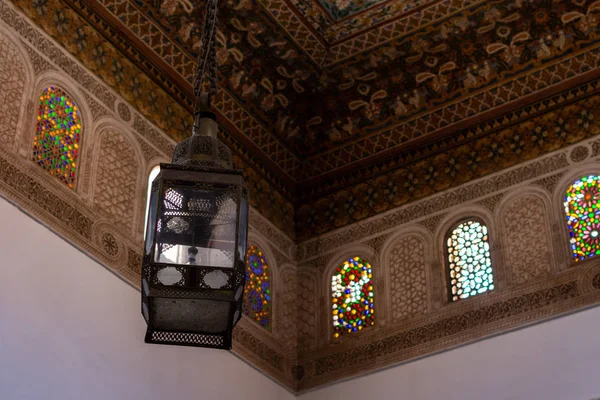 Lamp Hanging Decorated Ceiling Walls Stained Glass Marrakech Morocco — Stock Photo, Image