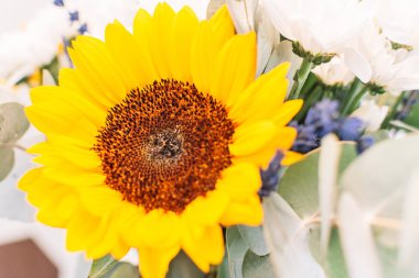 Ayçiçeği, lavander ve zambak ile renkli buket