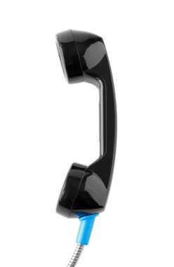 Siyah telefon baş beyaz arka plan üzerinde izole dikey