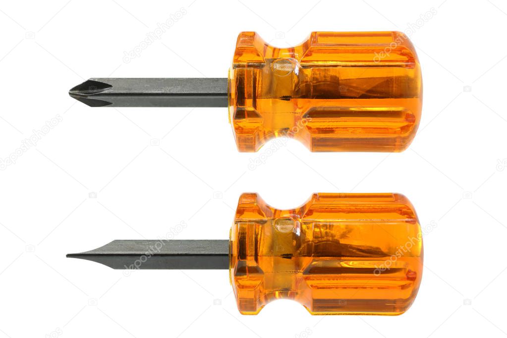 Orange Color Short Screwdrivers Transparent Handle isolated on white background