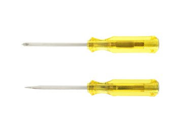 Sarı Tornavidalar şeffaf idare çelik beyaz arka plan üzerinde izole kafa