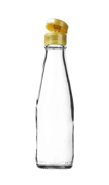 Lege Saus Glazen Fles Pop Dop Geïsoleerd Witte Achtergrond — Stockfoto