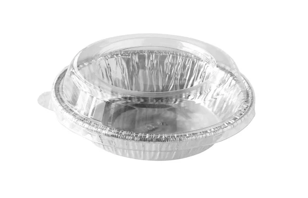圆形铝箔食品托盘透明盖隔离在白色背景 — 图库照片