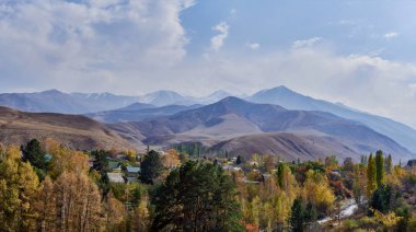 Küçük dağ yerleşim binaların çatıları için ağaçların arasından görüntülemek
