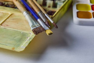 sanatçının araçları, bir kutu içinde profesyonel suluboya boyalar, fırçalar, suluboya paleti