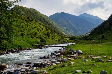 küçük bir harap ahşap köprü, dağ manzara ile geçitten dağ nehri akar