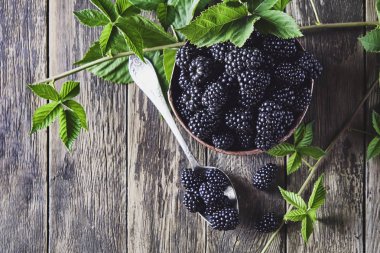 Eski ahşap tahtalar üzerinde eski bakır tabaklarda yaprakları ile Olgun böğürtlen ve koyu bir arka plan üzerinde bir kaşık yanında yalan.
