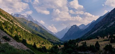 Yaz aylarında bir dağ vadisipanorama, havadan görünümü. Dağ zirveleri, inanılmaz doğa, dağlarda yaz muhteşem bir görünüm. Seyahat, turizm. doğanın güzel arka plan resmi