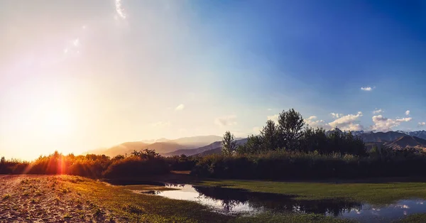 Панорама Горной Долины Летом Удивительная Природа Горы Освещенные Закатом Лето — стоковое фото