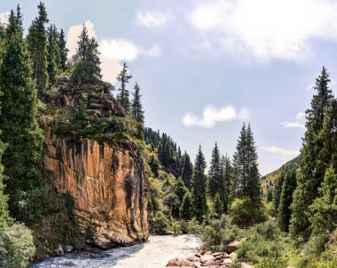 Yazın dağ vadisi. Dağ zirvelerinin muhteşem manzarası, muhteşem doğa. Dağ ormanı yolu. Uzun köknar ağaçlarıyla dolu yeşil dağlar. Yol dağ nehrine çıkıyor.