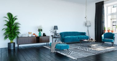 Bir apartman dairesi, ev, ofis, taze çiçekler ve parlak modern iç dekorasyon ve ışık duvarlarının arka planına karşı bir pencereden gelen güneş ışınları..