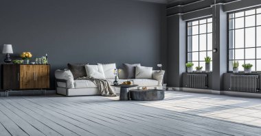 Bir apartman dairesi, ev, ofis, taze çiçekler ve parlak modern iç dekorasyon ve karanlık duvarların arka planına karşı bir pencereden gelen güneş ışınları..