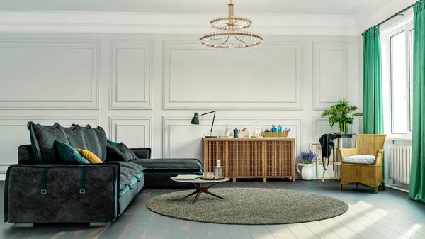 Bir dairede, evde, ofiste, rahat bir koltukta, taze çiçekler ve parlak modern iç mekan ve bir pencereden duvara vuran güneş ışınlarının modern iç tasarımı..