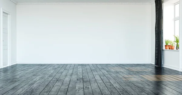 Ahşap zemin ve perdeleri olan boş minimalist bir oda. İç mimari. Oturma odasının modern iç tasarımı bir apartman, ev, ofis.