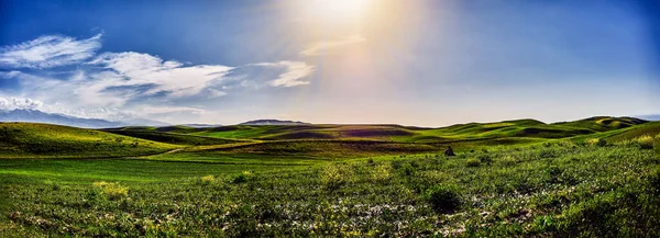 Panorama Valle Montañoso Verano Vista Aérea Puesta Sol Cuento Hadas — Foto de Stock