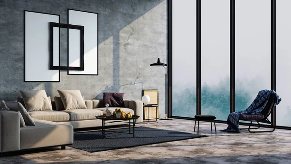 Oturma odasının modern iç tasarımı bir daire, ev, ofis, parlak modern iç mekan detayları ve arka plandaki beton duvarlardan yansıyan güneş ışınları..