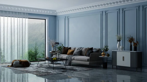 Modern bir oturma odası tasarımı bir daire, ev, ofis, parlak modern iç mekan detayları ve pencereden gelen güneş ışınları klasik duvarların arka planına karşı..