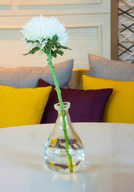 Evin oturma odasında masada cam vazoda çiçek